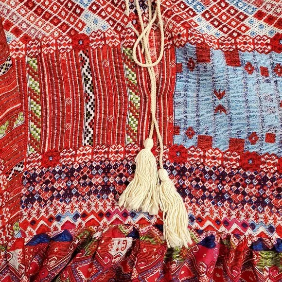 UMGEE Women Mini Dress L Red Tribal Boho 3/4 Sleeve Tassels Cotton Blend… - Picture 6 of 11